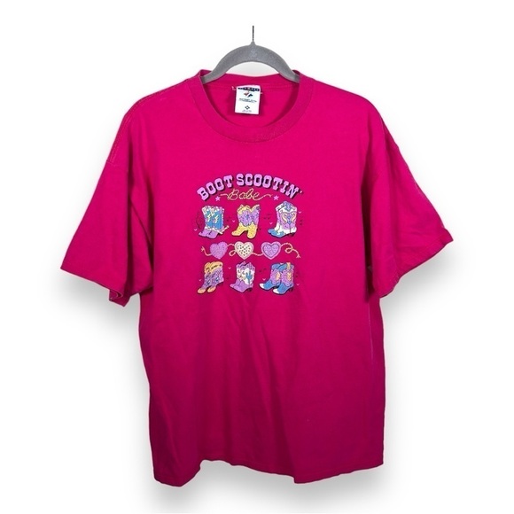 XL VINTAGE FUCHSIA PINK WESTERN BOOT SCOOTIN BABE 80s TEE TSHIRT COTTON - Picture 1 of 6